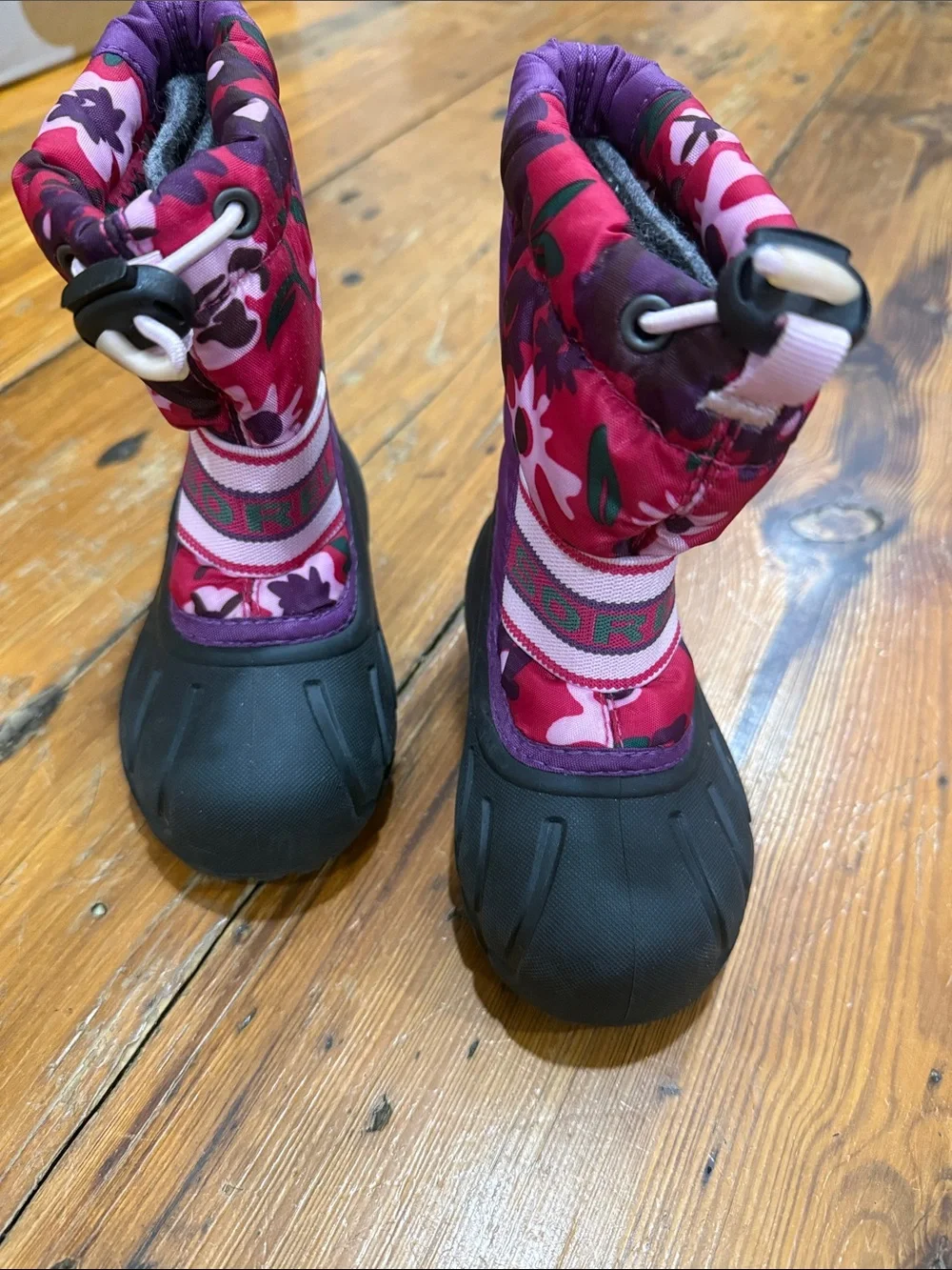 Sorel Kids Pink & Purple Floral Waterproof Snow Boots with Toggle Size 7